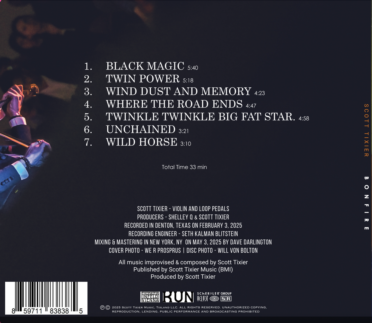 Back cover of a music album with tracklist and credits on a dark background