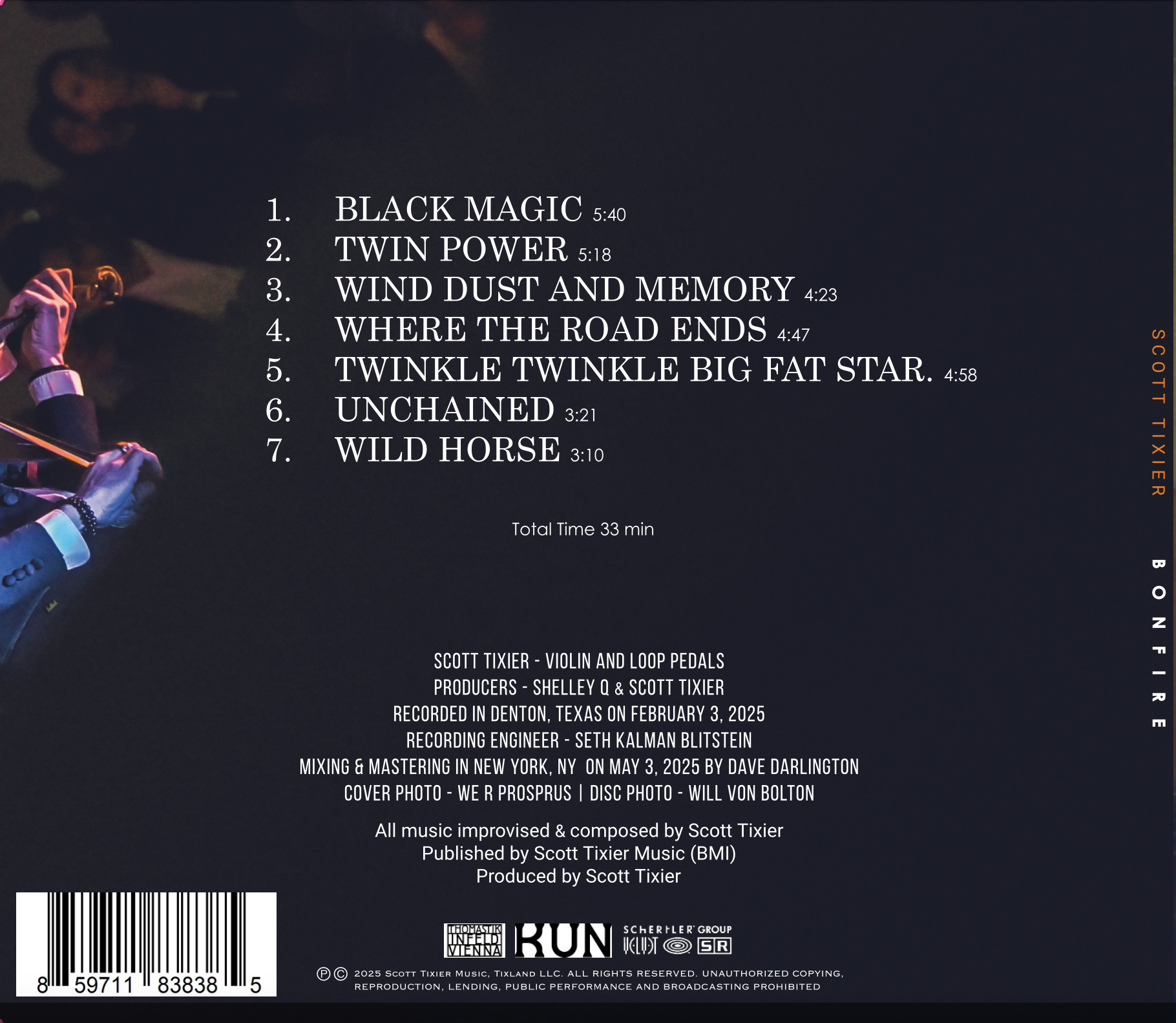 Back cover of a music album with tracklist and credits on a dark background