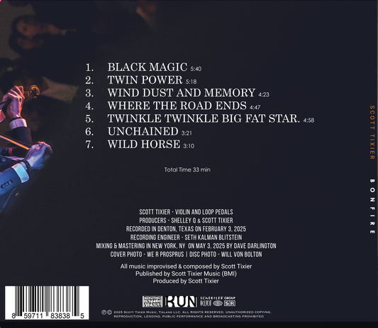 Back cover of a music album with tracklist and credits on a dark background